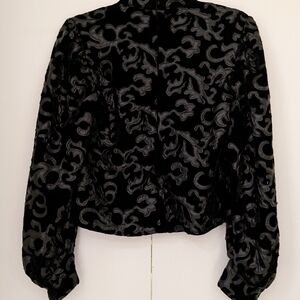Zara High Heck Puff Sleeve Black Combination Velvet Faux Leather Blouse Small